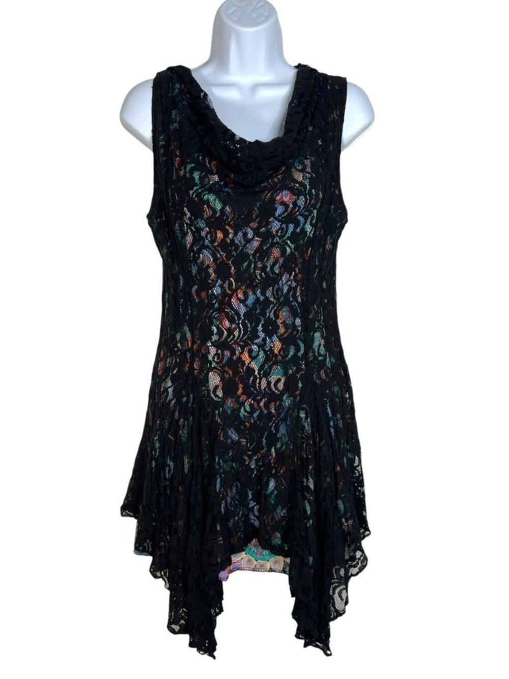 VTG Pyramid Collection Multicolor Print black Lace Mini Dress handkerchief Hem L